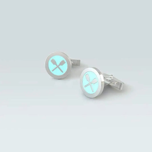 Rowing Cufflinks- Rolo Light Blue Rowing CUfflinks with crossed oars- Strokeside Designs Rowing Jewellery
