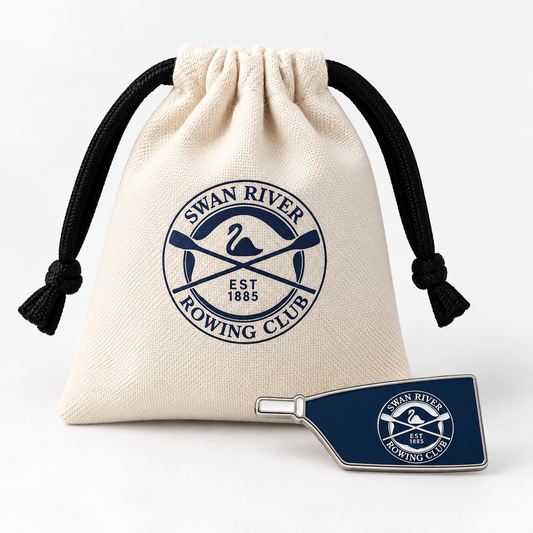 Custom rowing club blade pin with branded drawstring presentation pouch